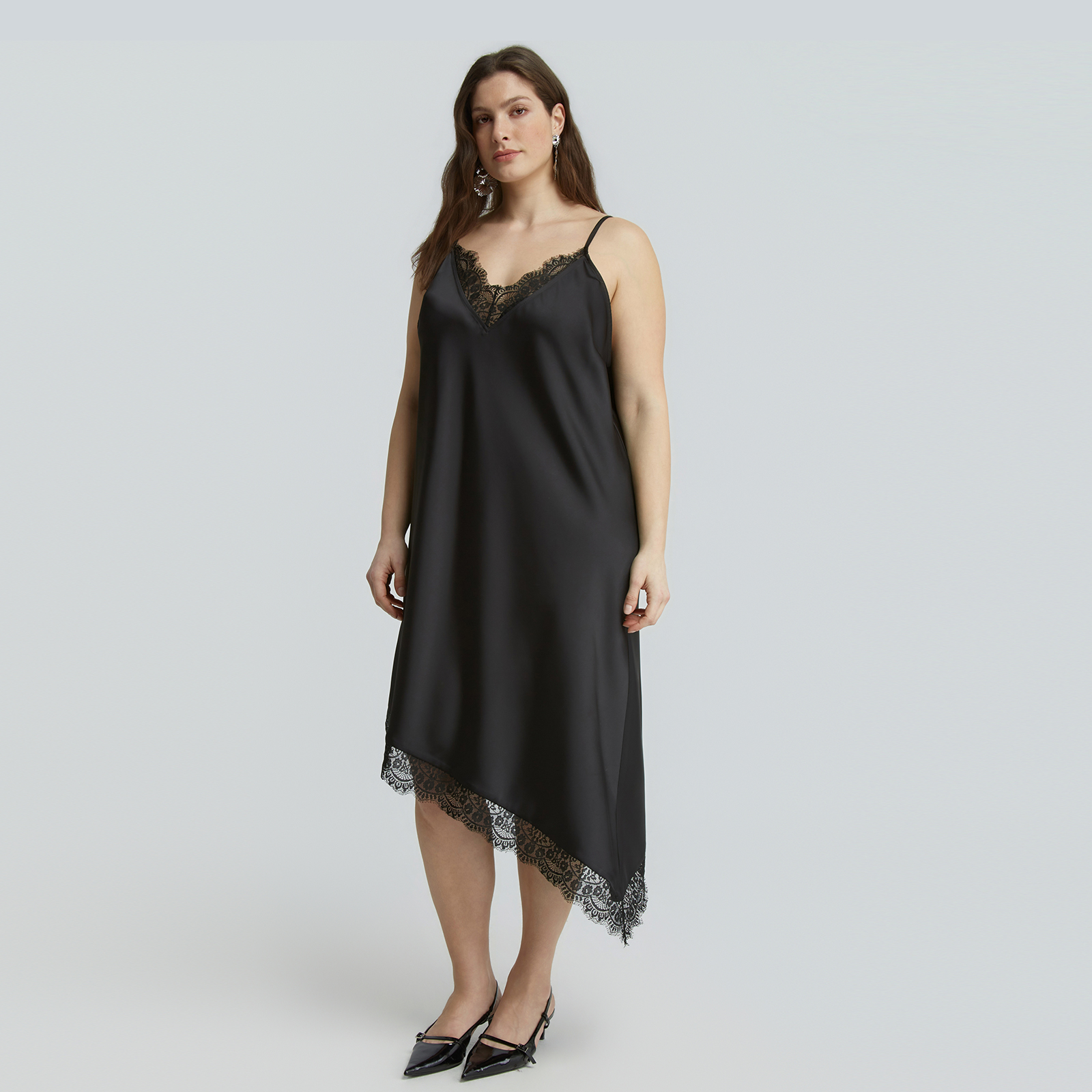 Asymmetric satin cami dress with lace trim
