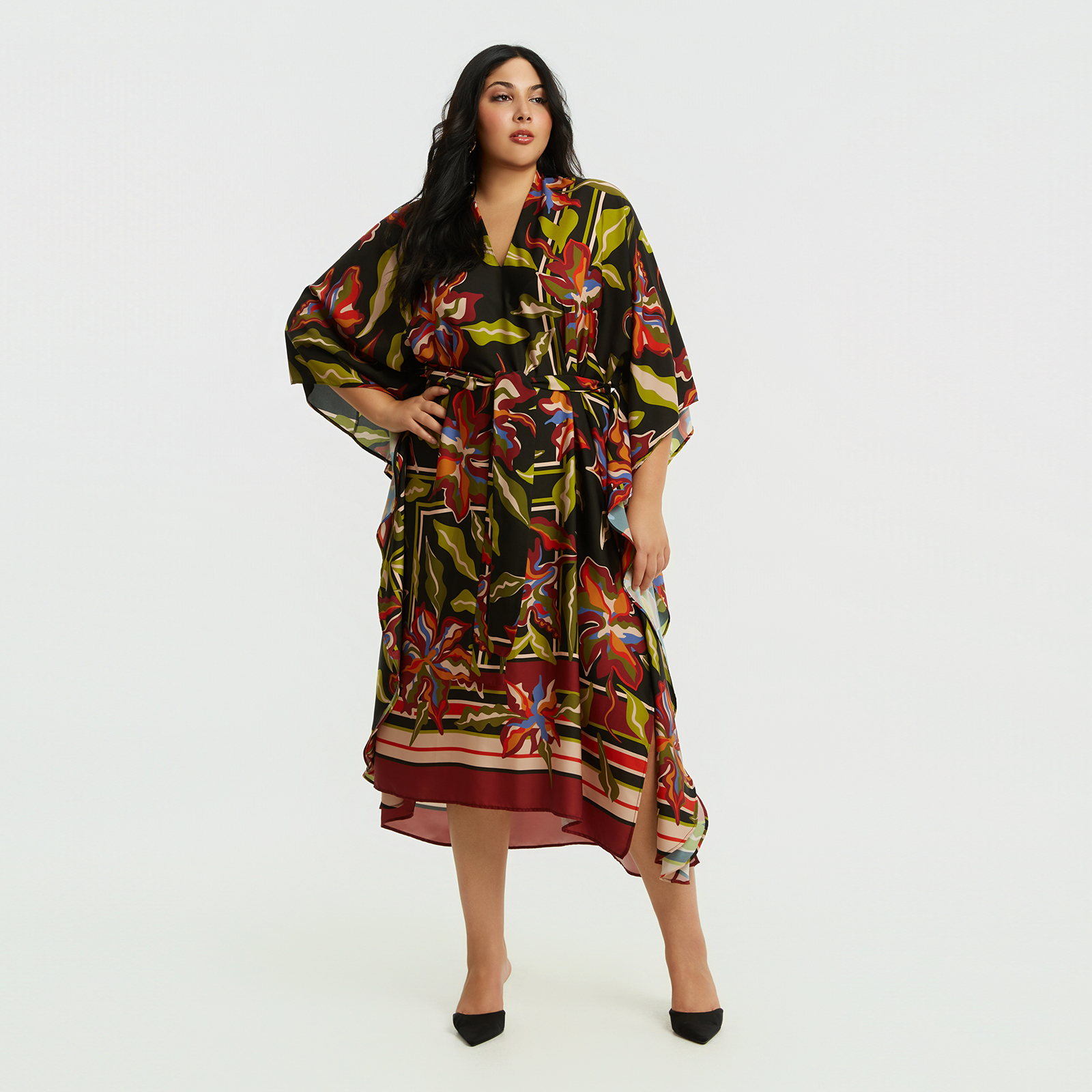 MAT FASHION Φόρεμα καφτάνι με ζώνη και tropical μοτίβο