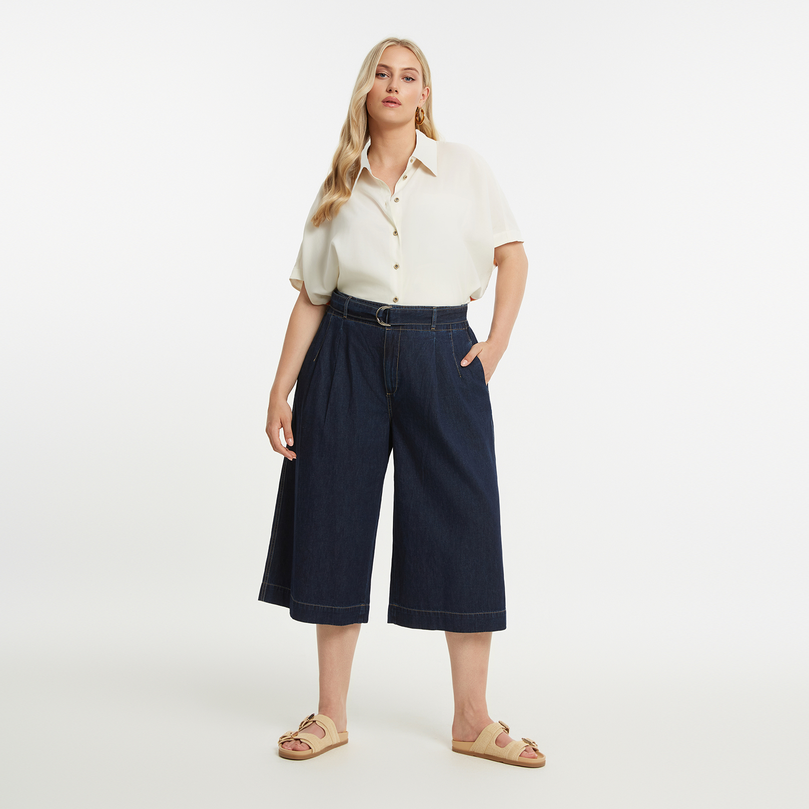 Cotton denim wide-leg cropped pants