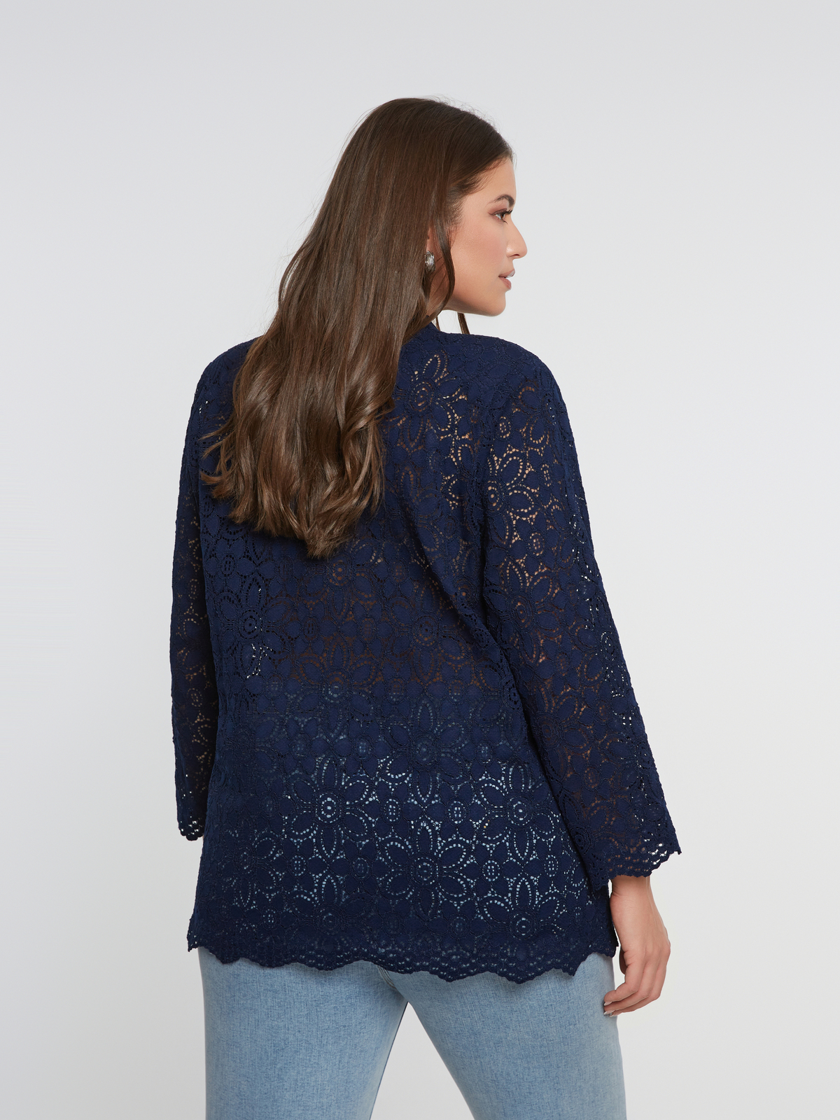 Μπλε σακάκι δαντέλα με γεωμετρικά κουμπιά φωτογραφία