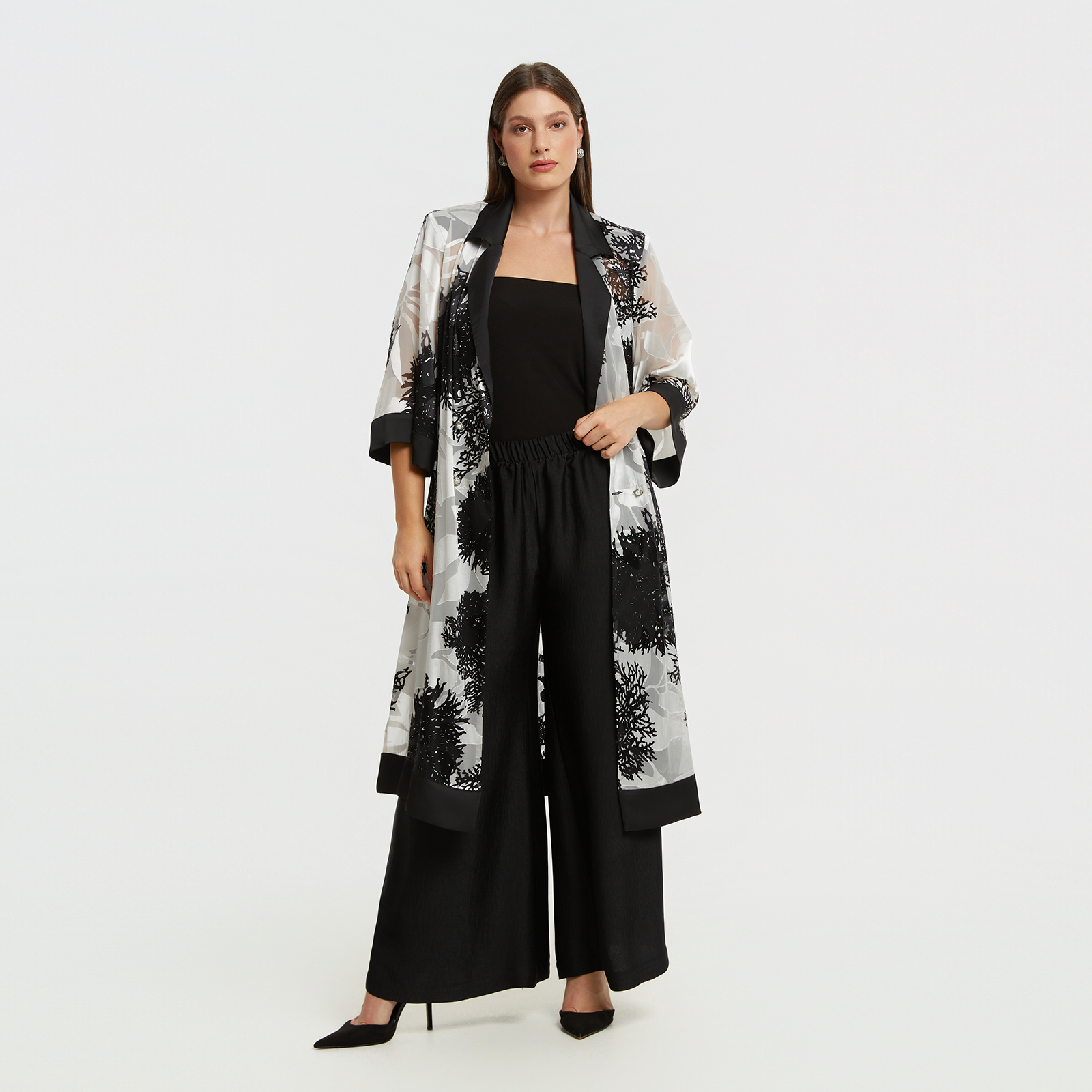 MAT FASHION Μακρύ μπλέιζερ φόρεμα με botanical μοτίβο και γιακά σε αντίθεση