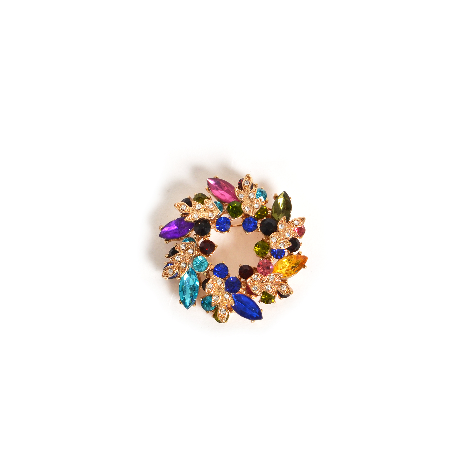 Multicolor wreath brooch with rhinestone-detailed leaf motif