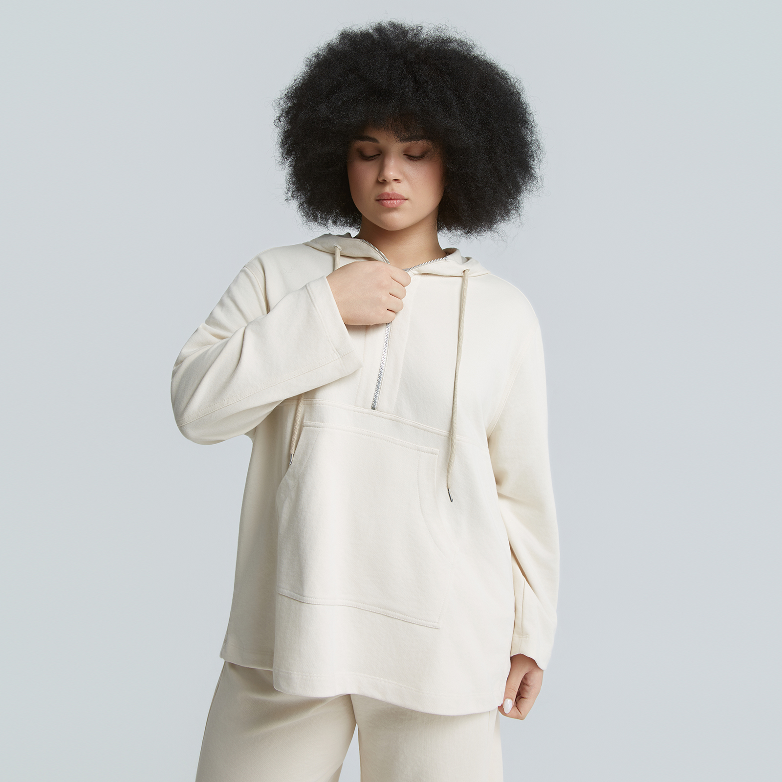 Cotton-blend half-zip hoodie with kangaroo pocket