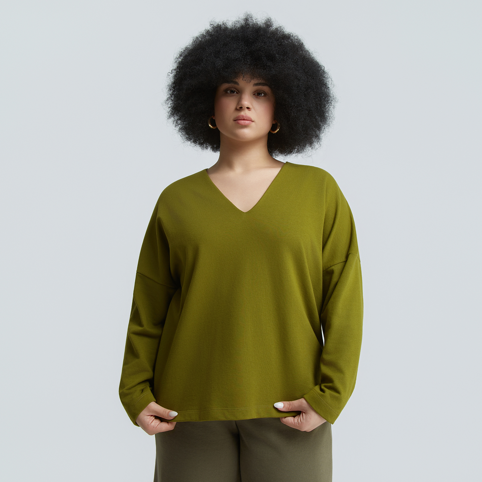 Cotton-blend relaxed fit V-neck sweatshirt