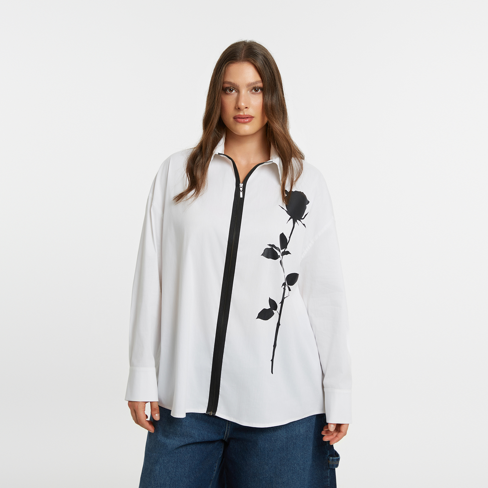 MAT FASHION Βαμβακερό πουκάμισο με φερμουάρ και τυπωμένο τριαντάφυλλο