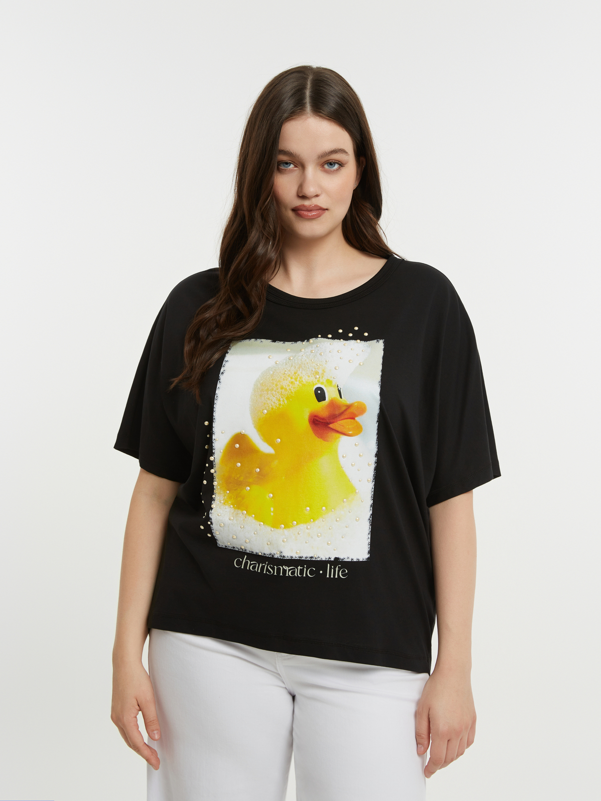 Βαμβακερή μπλούζα t-shirt με στάμπα παπάκι με σαπουνάδες και πέρλες φωτογραφία