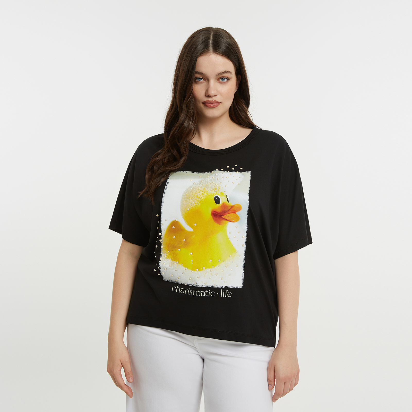 MAT FASHION Βαμβακερή μπλούζα t-shirt με στάμπα παπάκι με σαπουνάδες και πέρλες