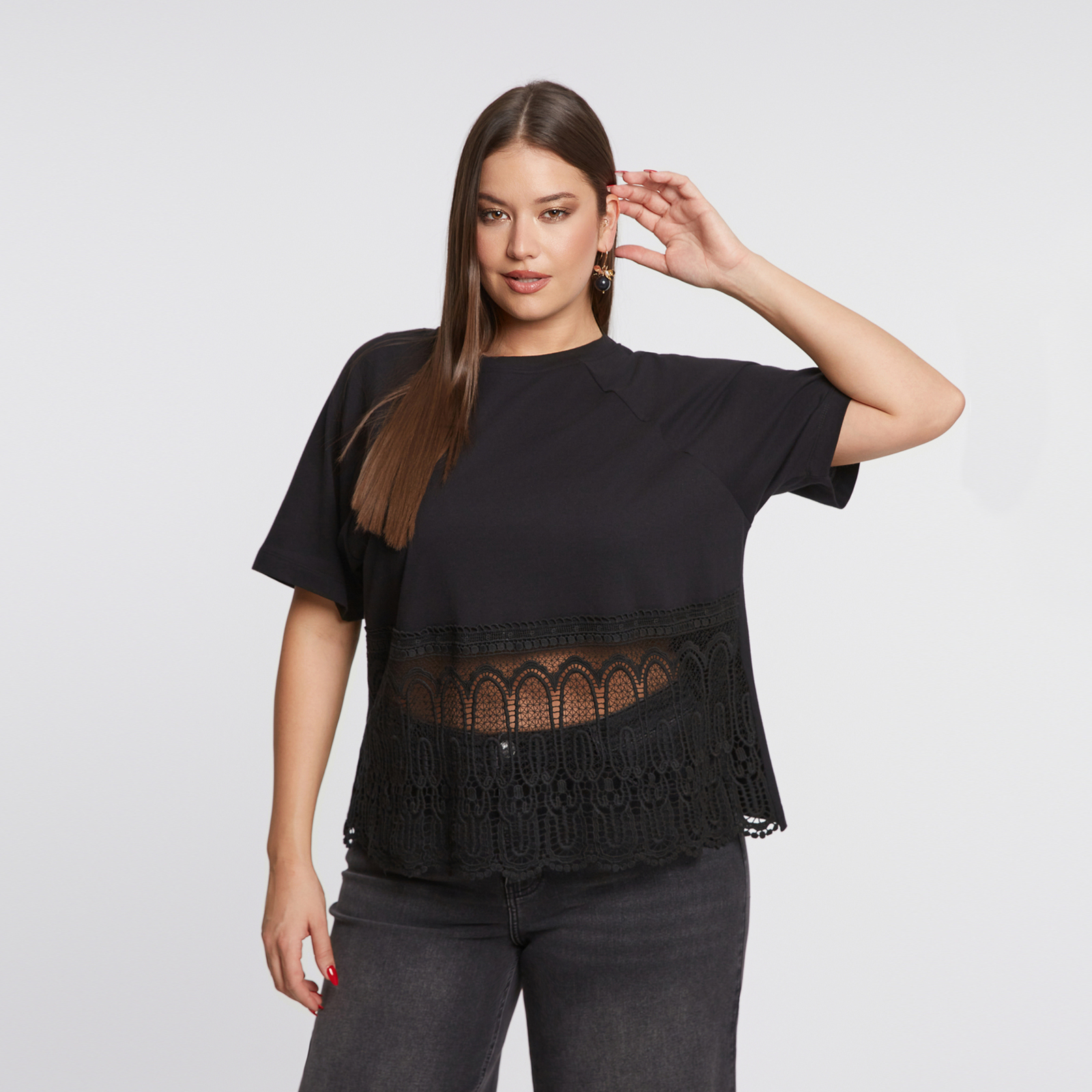 MAT FASHION Βαμβακερό t-shirt με δαντέλα στο τελείωμα