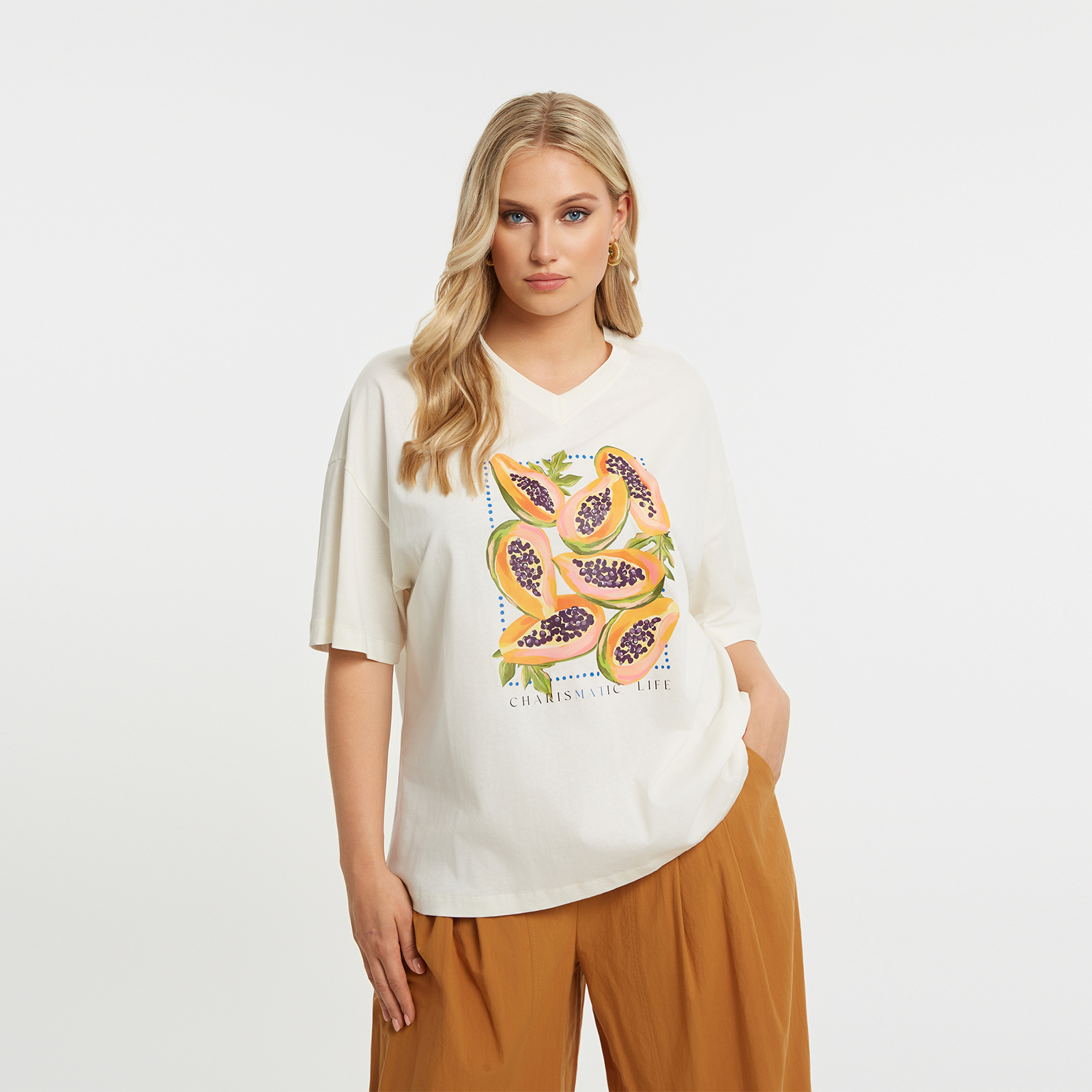 Βαμβακερό t-shirt με papaya print