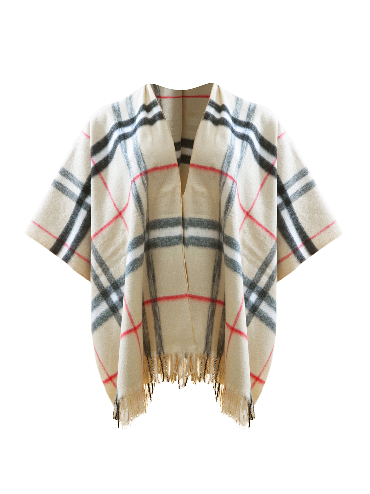 Κρέμ κάπα με καρό σχέδιο και κρόσσια φωτογραφία