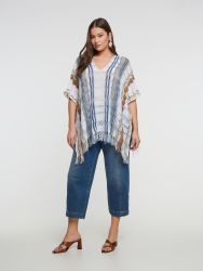 Cotton-blend fringe-trimmed poncho