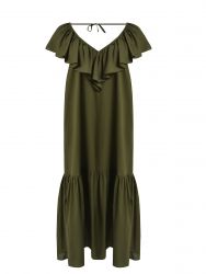 Cotton midi dress with ruffle neckline