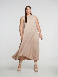 Sleeveless belted viscose/linen midi dress