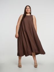 Sleeveless belted viscose/linen midi dress