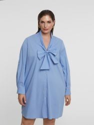 Poplin long-sleeve shirt dress with tie neck detail
