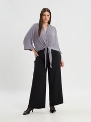 Silver satin tie-front shirt