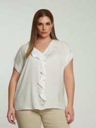 Satin V-neck blouse with ruffled front