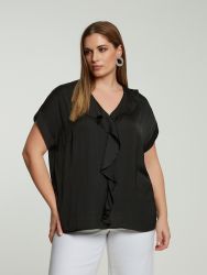 Satin V-neck blouse with ruffled front