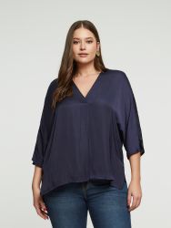 Satin V-neck blouse with three-quarter sleeves