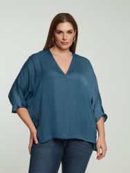 Satin V-neck blouse with three-quarter sleeves