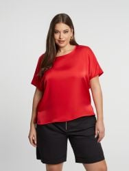 Short-sleeve satin blouse with back ties