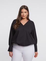 Stretch poplin V-neck long sleeve blouse