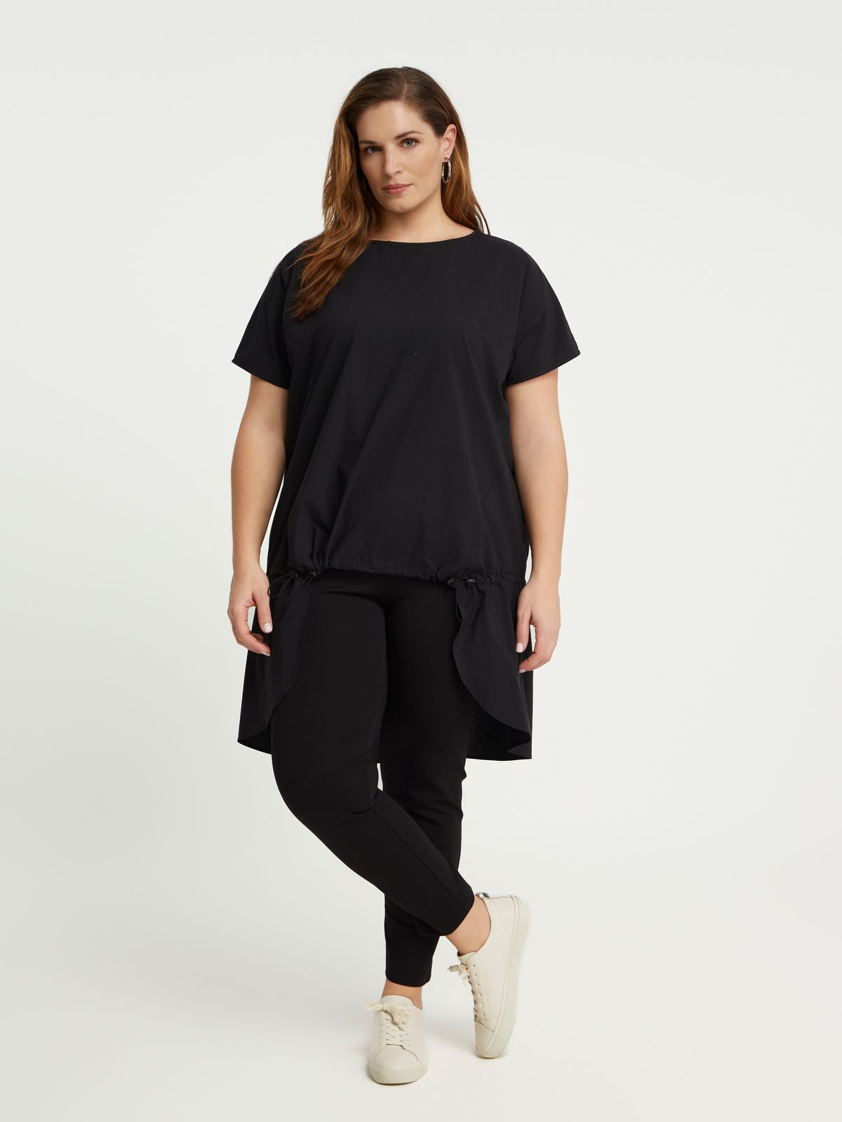 Short-sleeve cotton & poplin T-shirt with dipped back hem and front drawstring