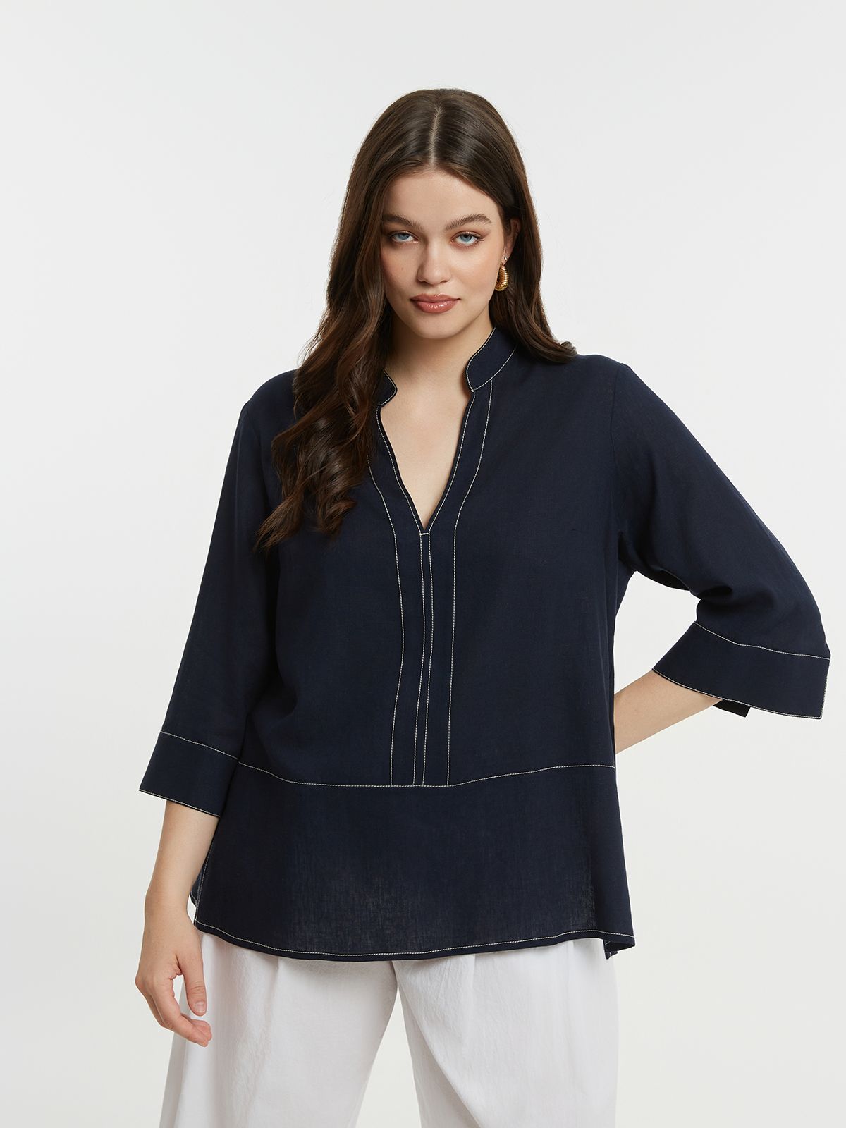 Viscose-linen blouse with mandarin collar
