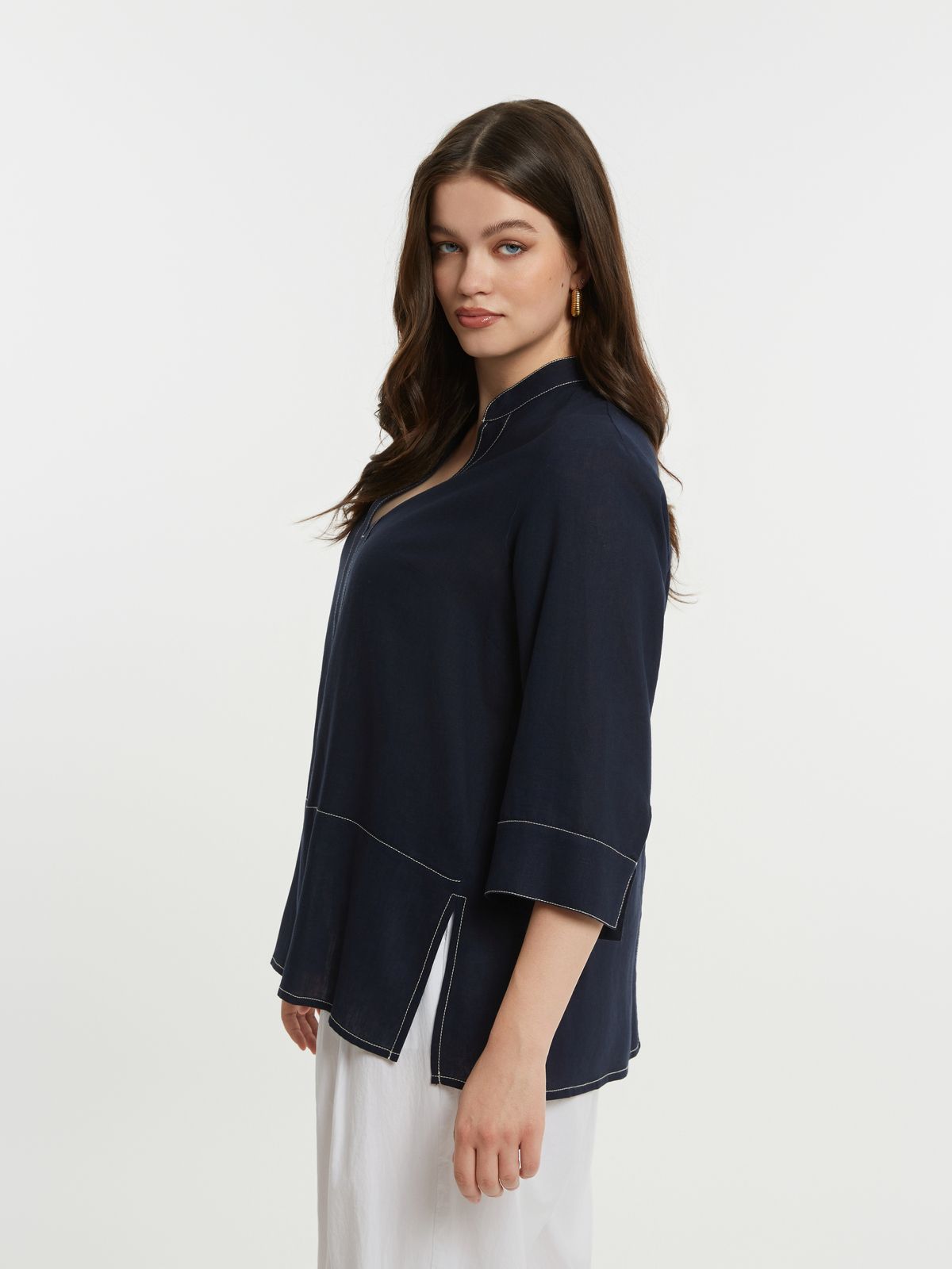 Viscose-linen blouse with mandarin collar