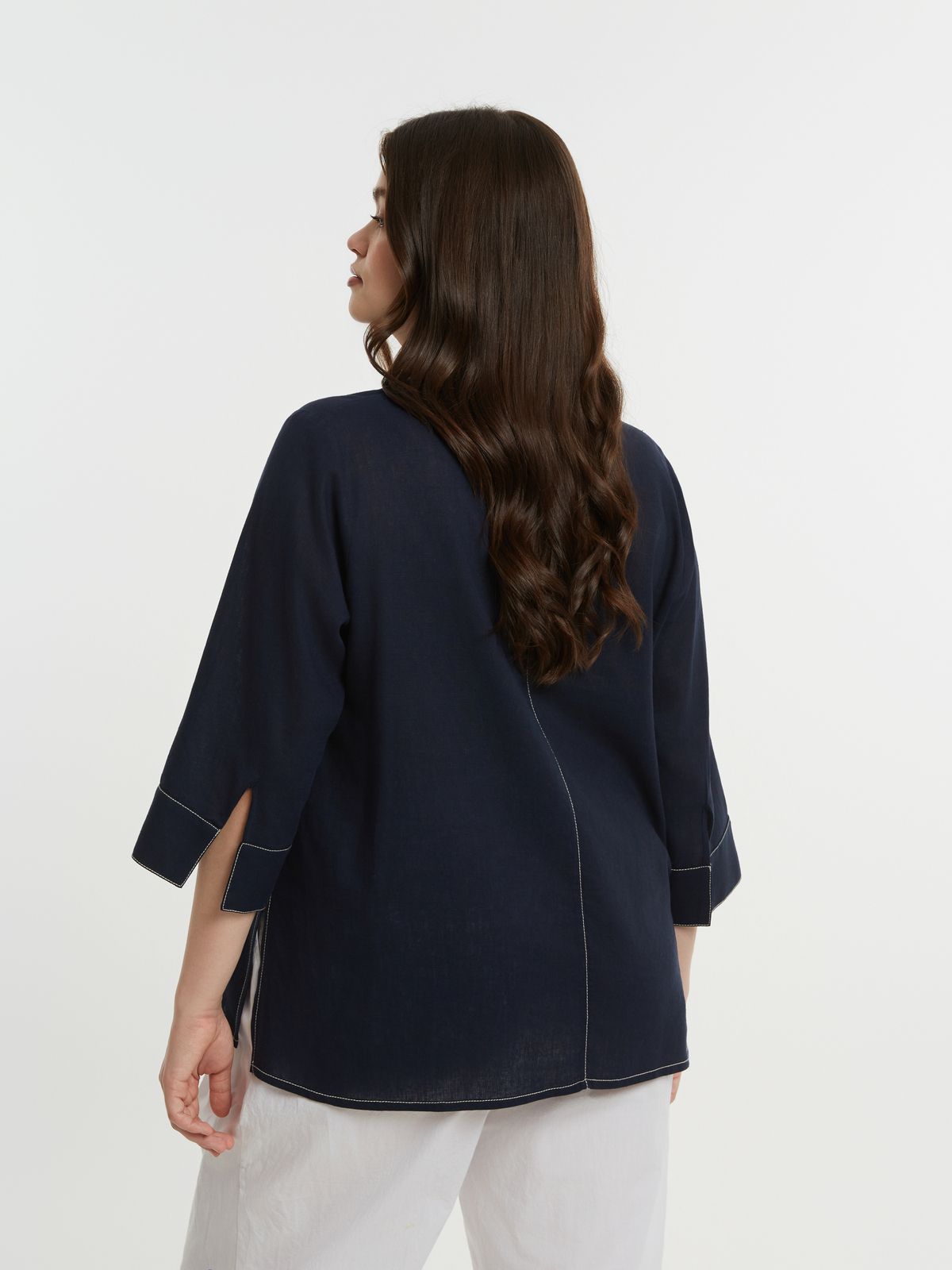Viscose-linen blouse with mandarin collar