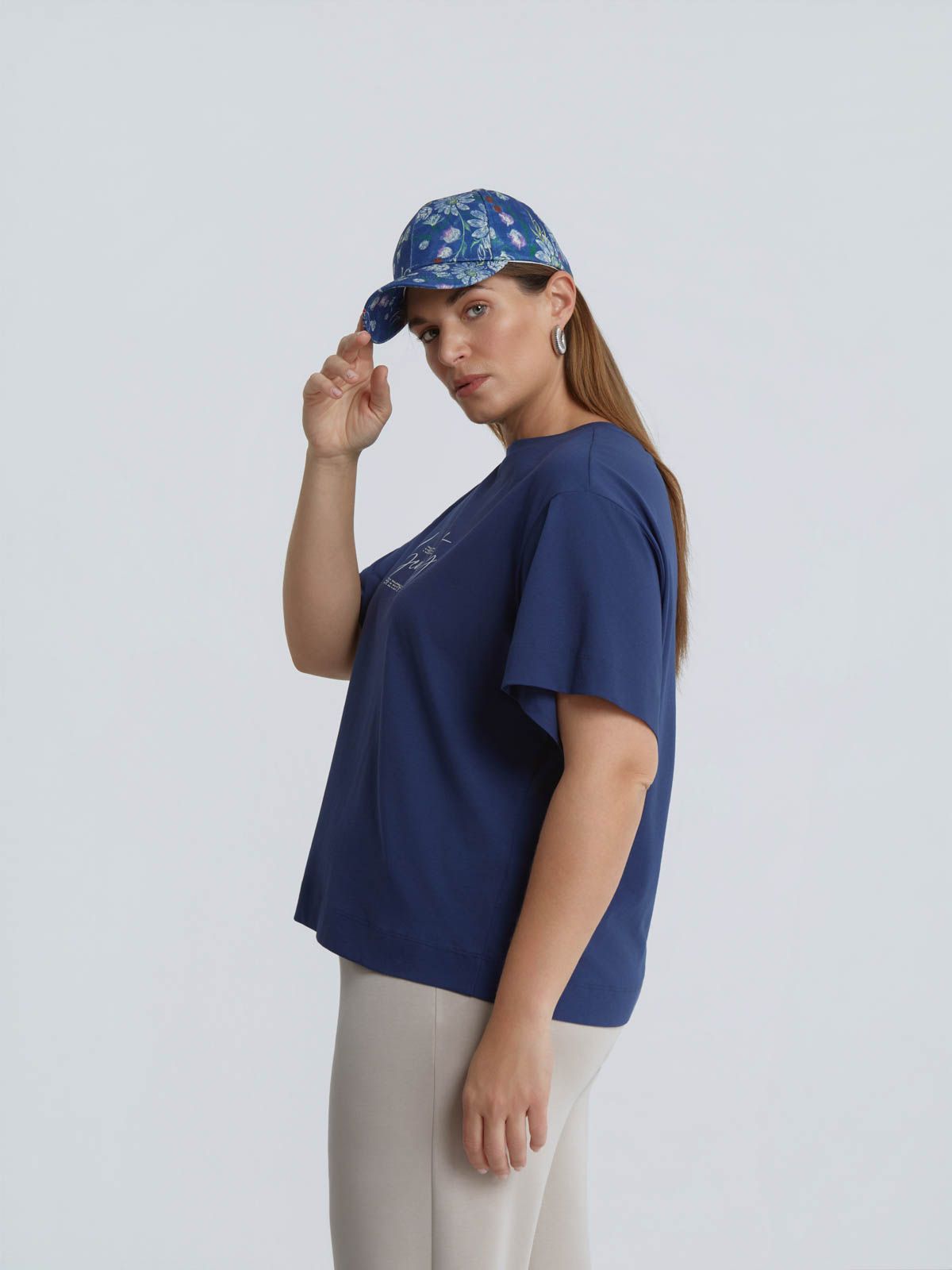 Denim blue floral print jockey hat