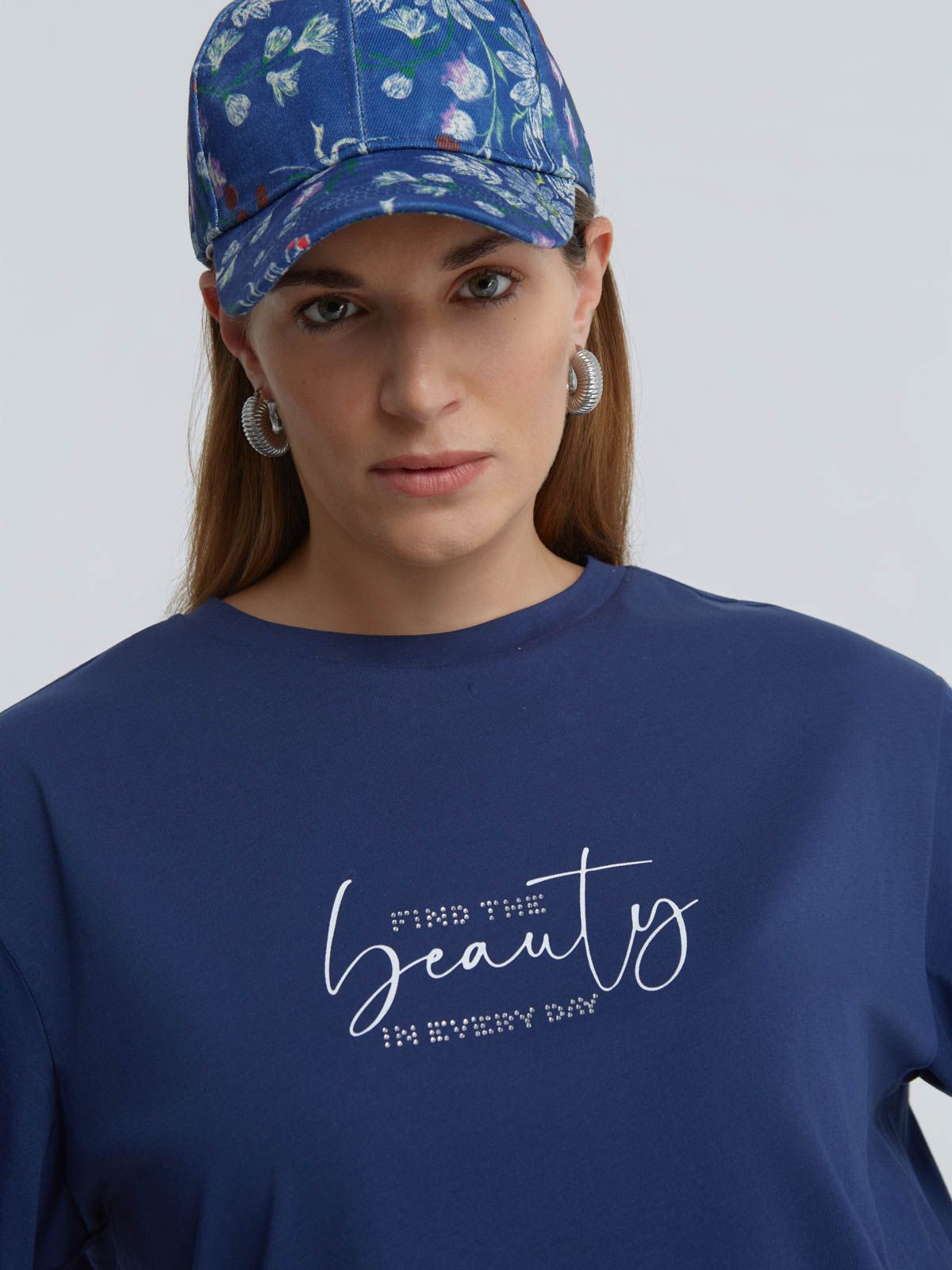 Denim blue floral print jockey hat