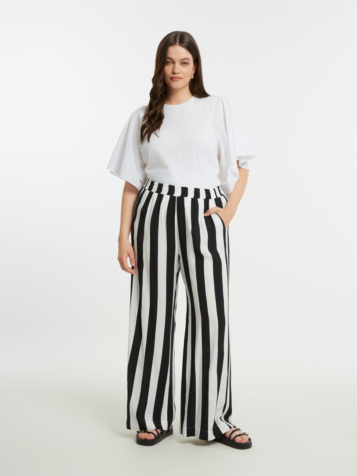 Wide-leg striped viscose pants