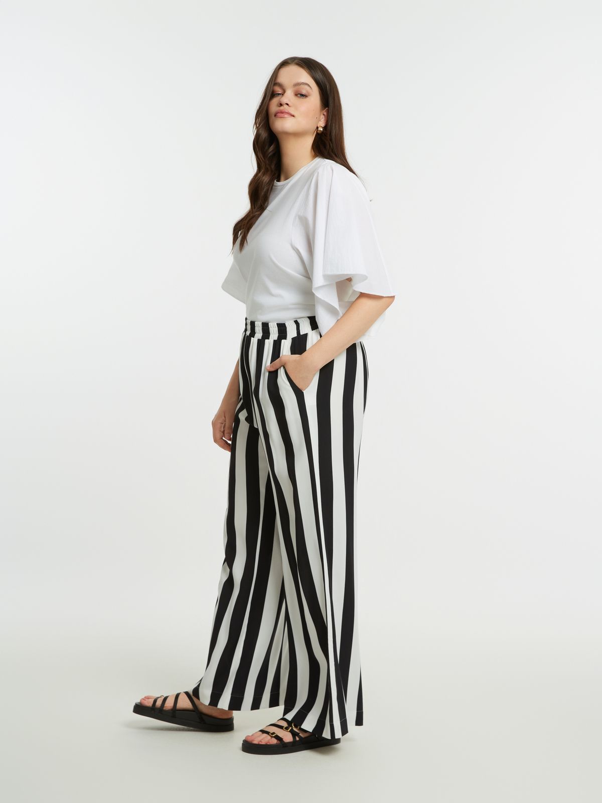 Wide-leg striped viscose pants