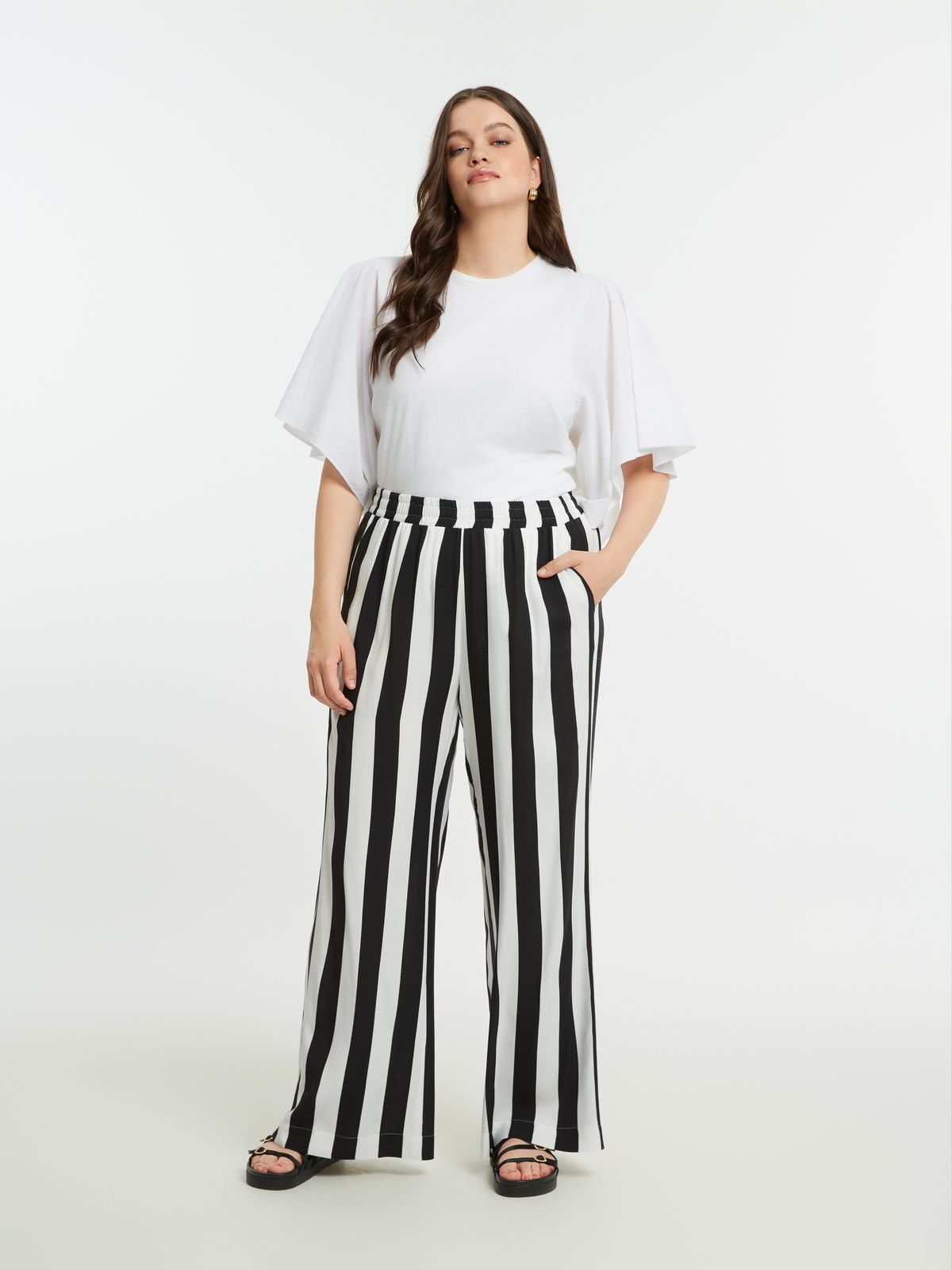 Wide-leg striped viscose pants