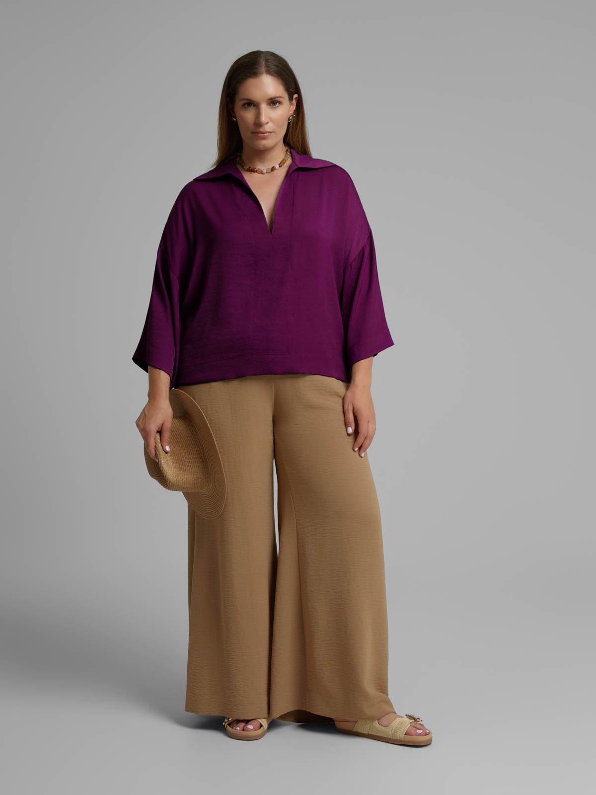 Satin V-neck blouse with point collar