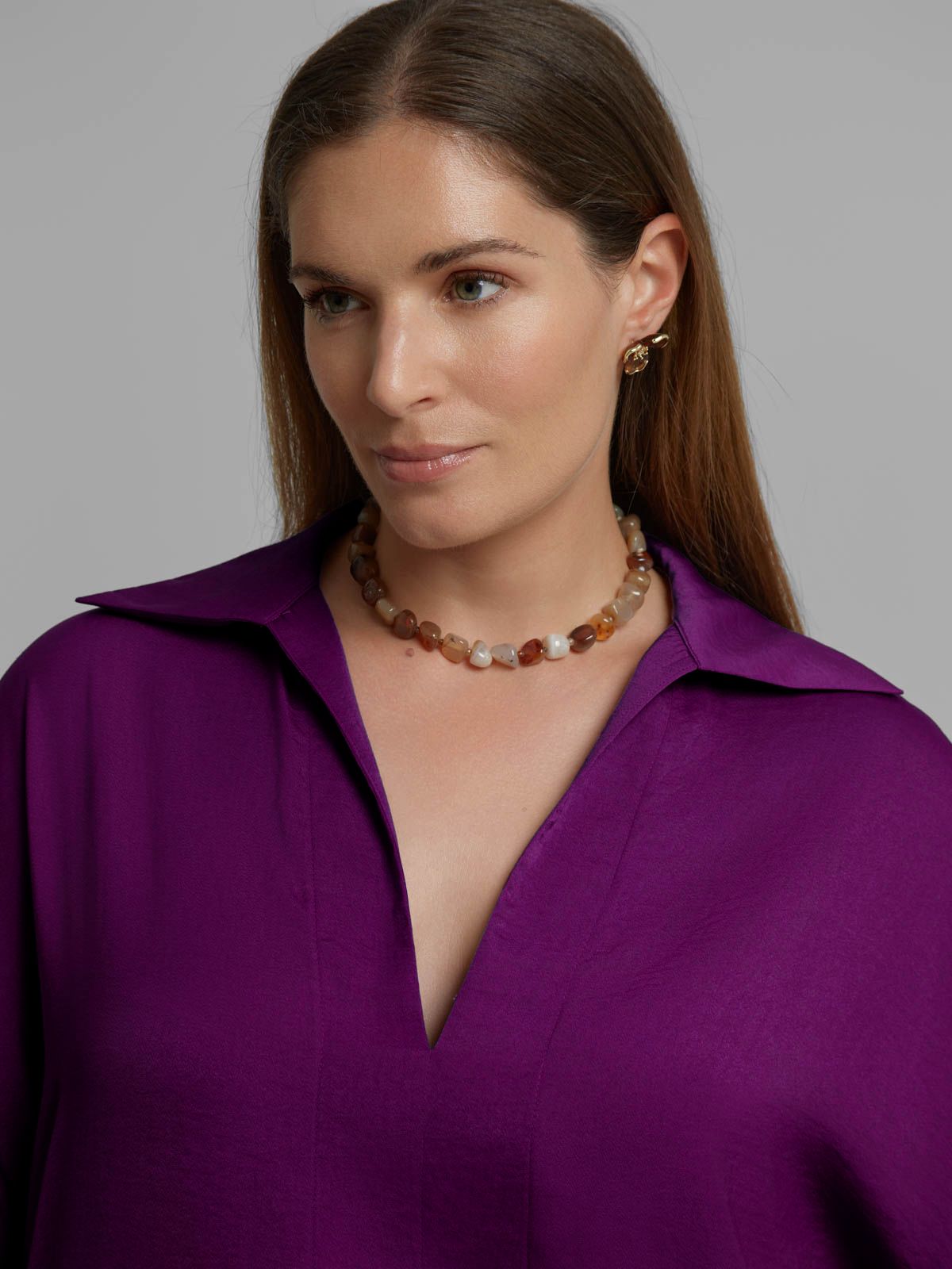 Satin V-neck blouse with point collar