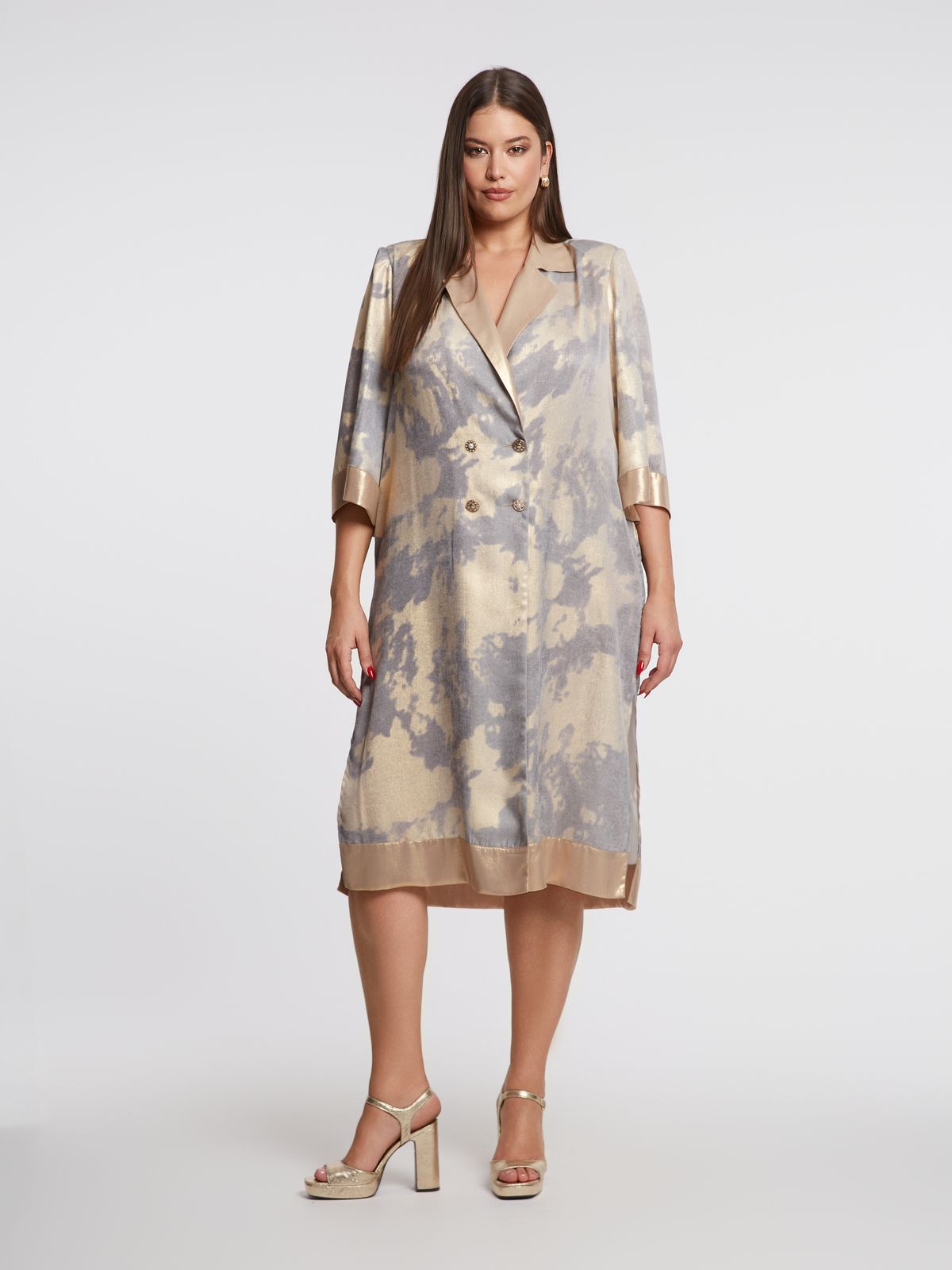 Abstract print long blazer dress with gold lapel