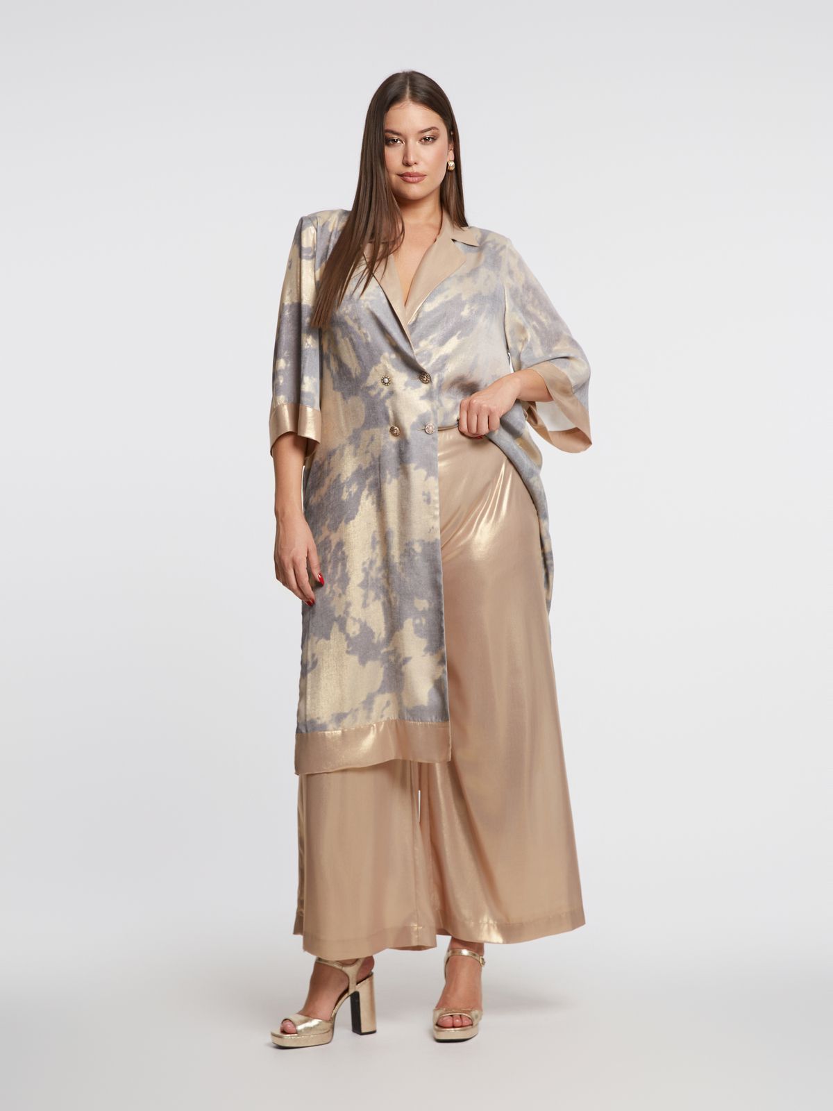 Abstract print long blazer dress with gold lapel