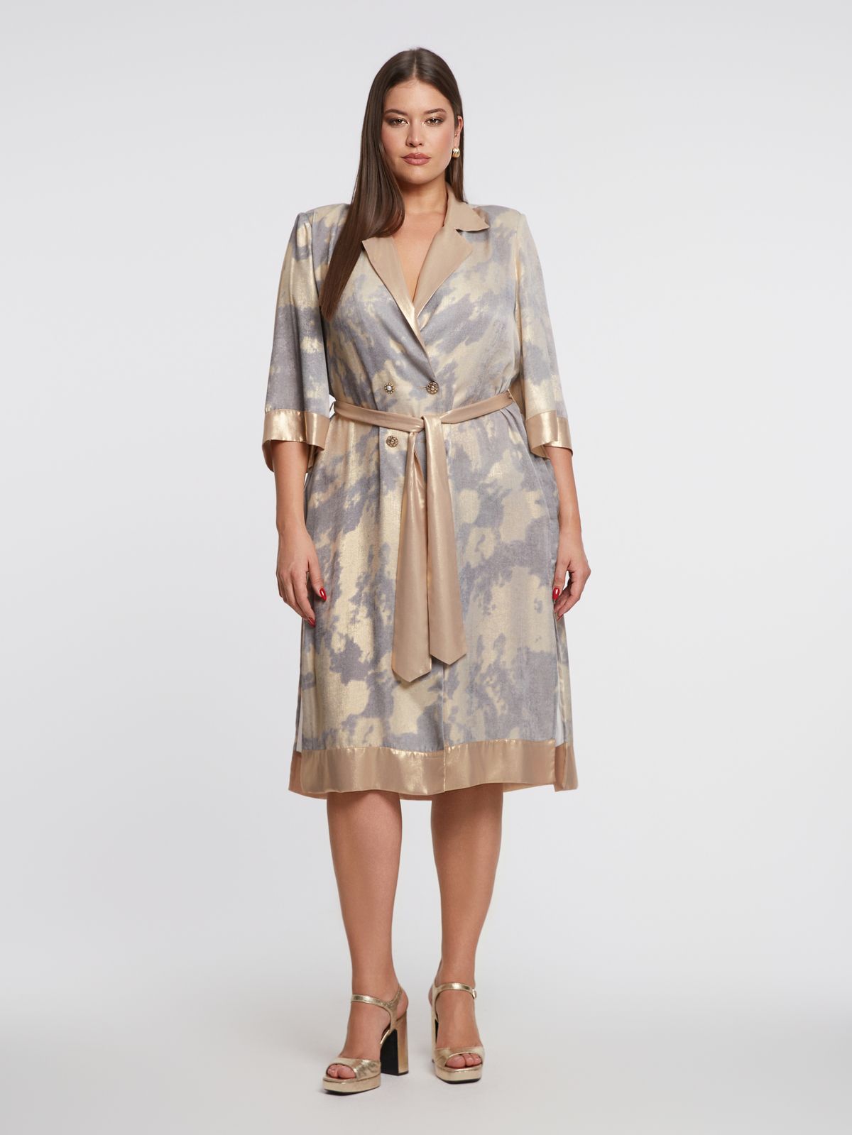 Abstract print long blazer dress with gold lapel