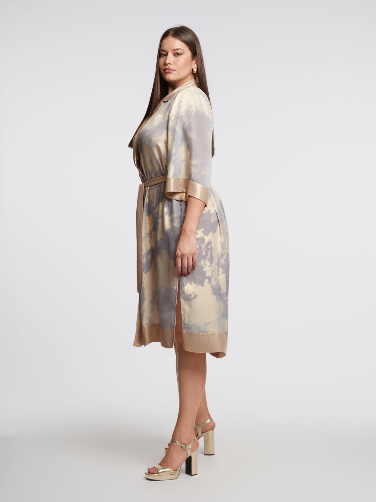 Abstract print long blazer dress with gold lapel