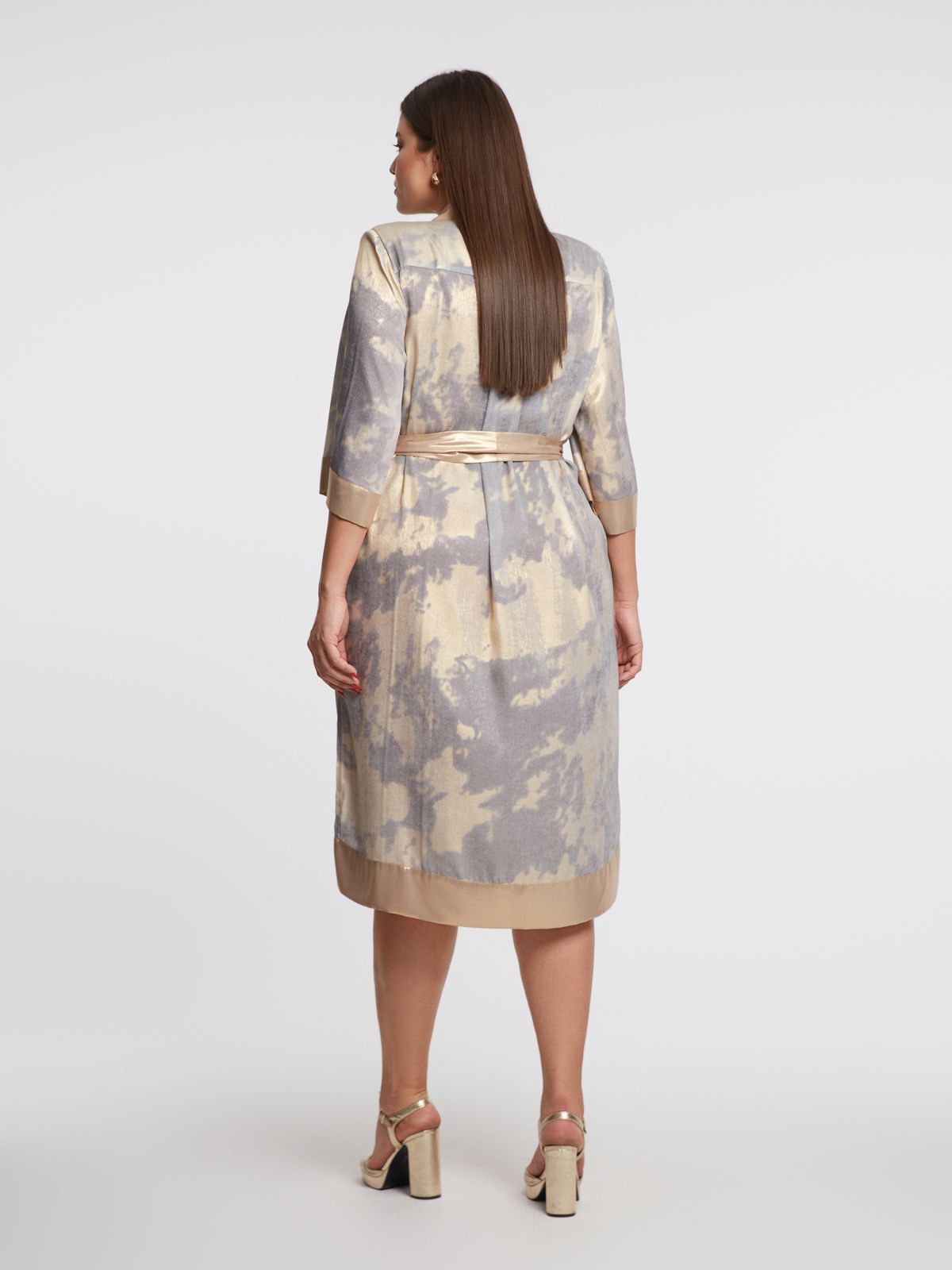 Abstract print long blazer dress with gold lapel