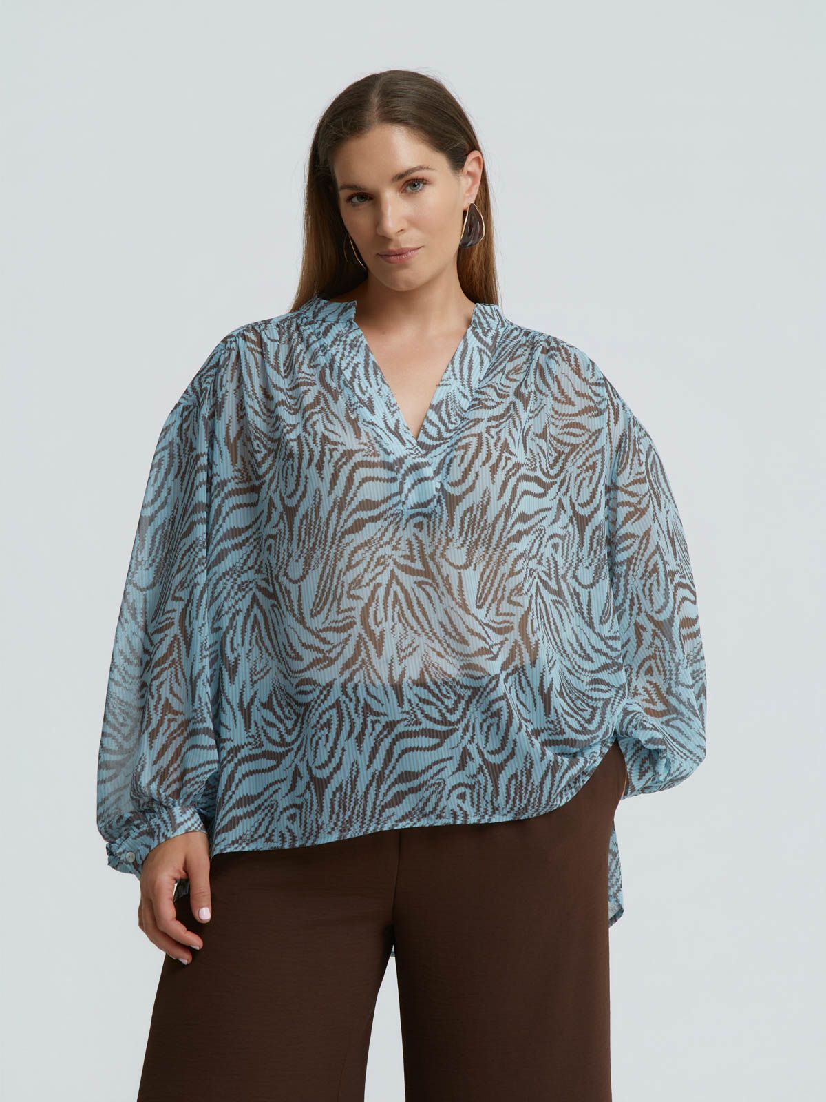 Abstract zebra print blouse with balloon sleeves