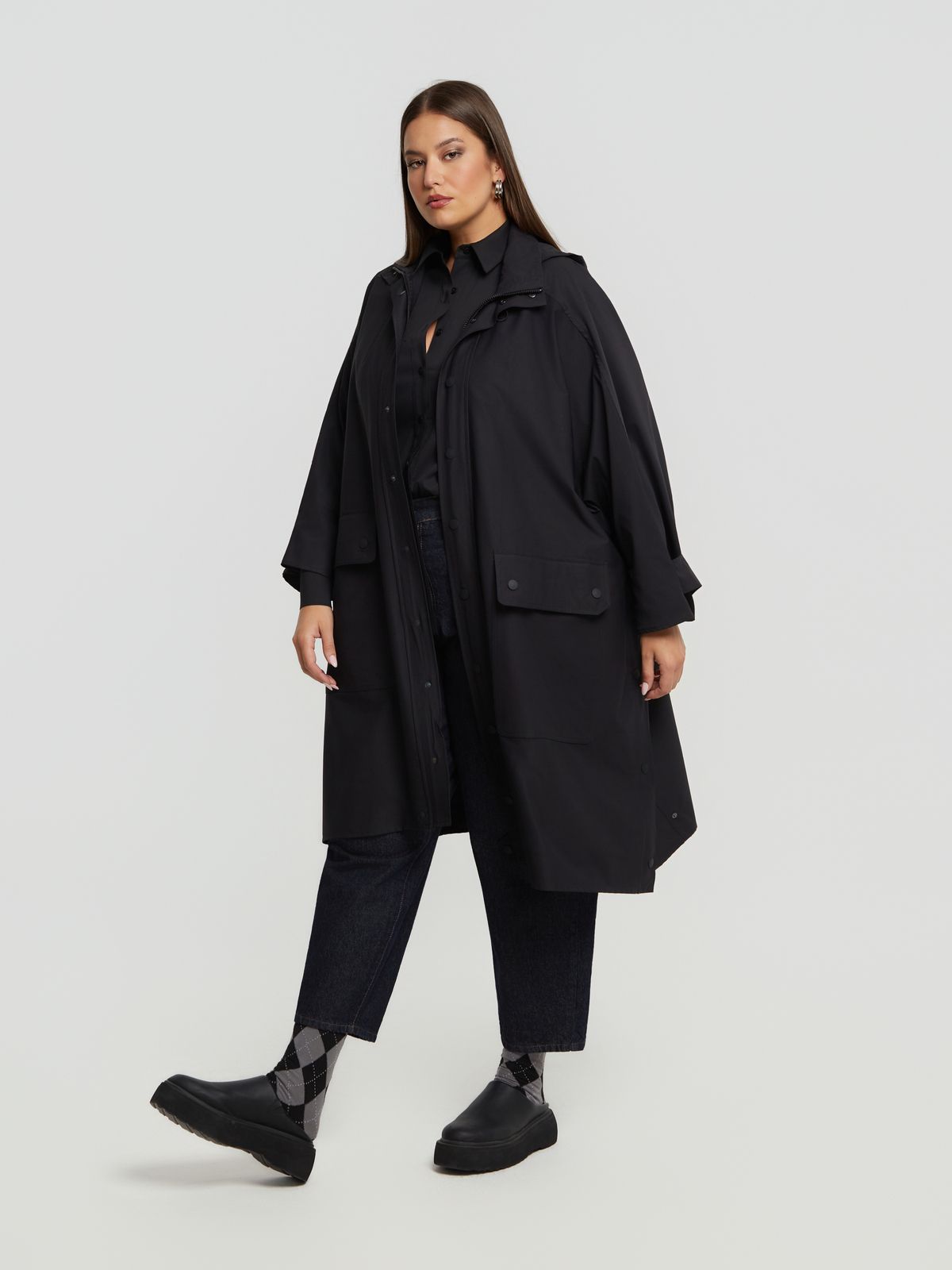 Oversized utility coat with high neck and pockets