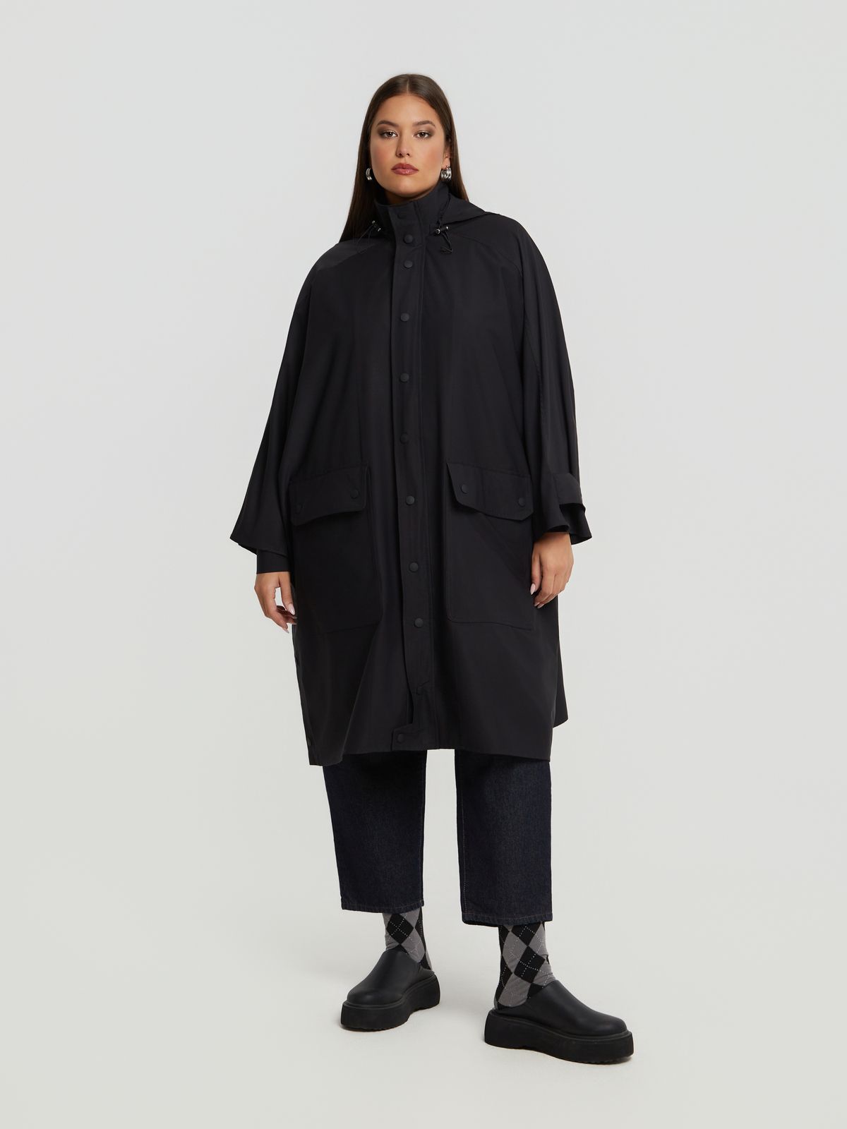 Oversized utility coat with high neck and pockets