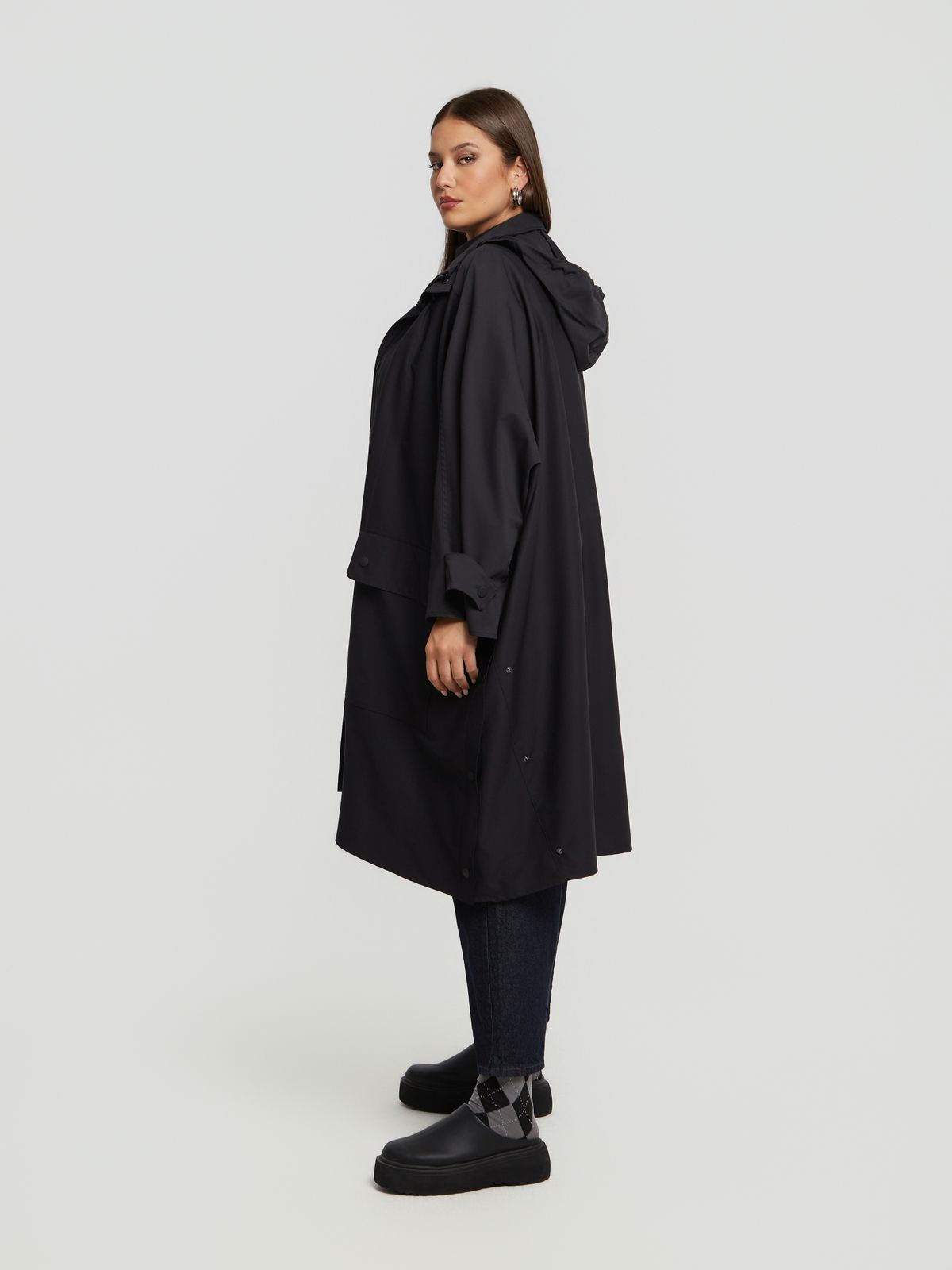 Oversized utility coat with high neck and pockets
