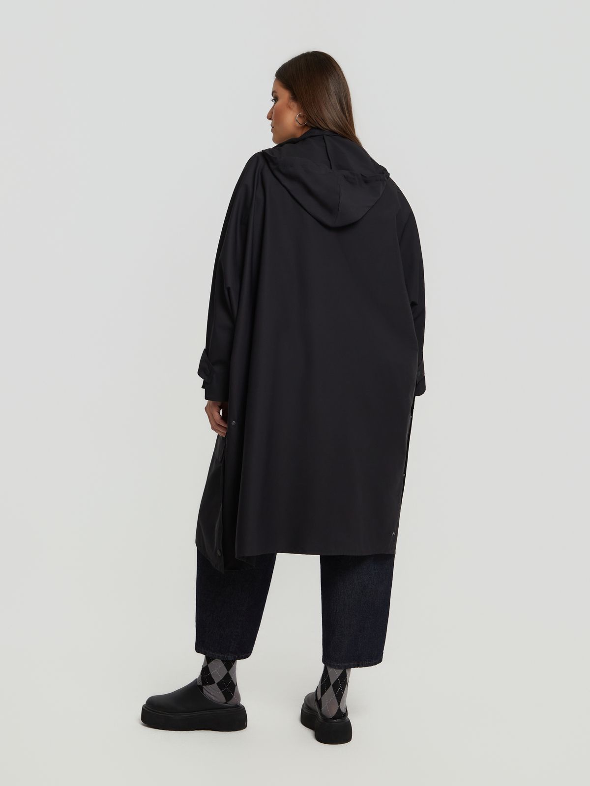 Oversized utility coat with high neck and pockets