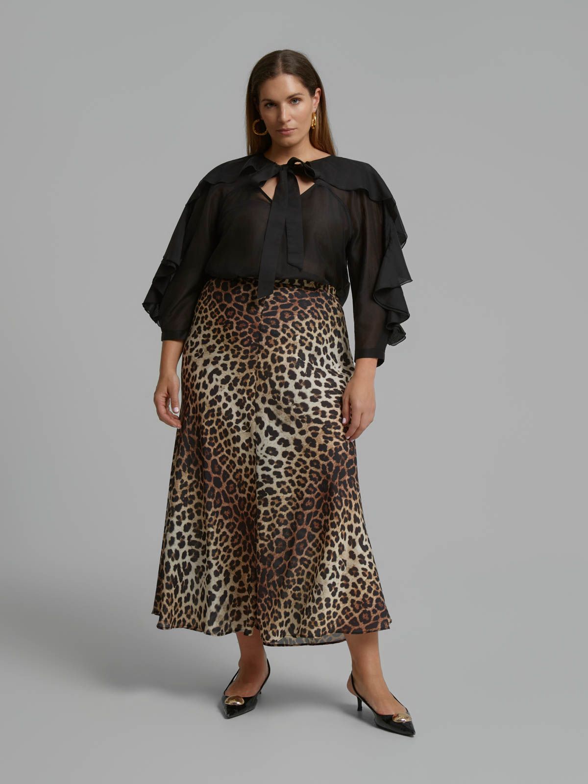 Animal print satin midi skirt