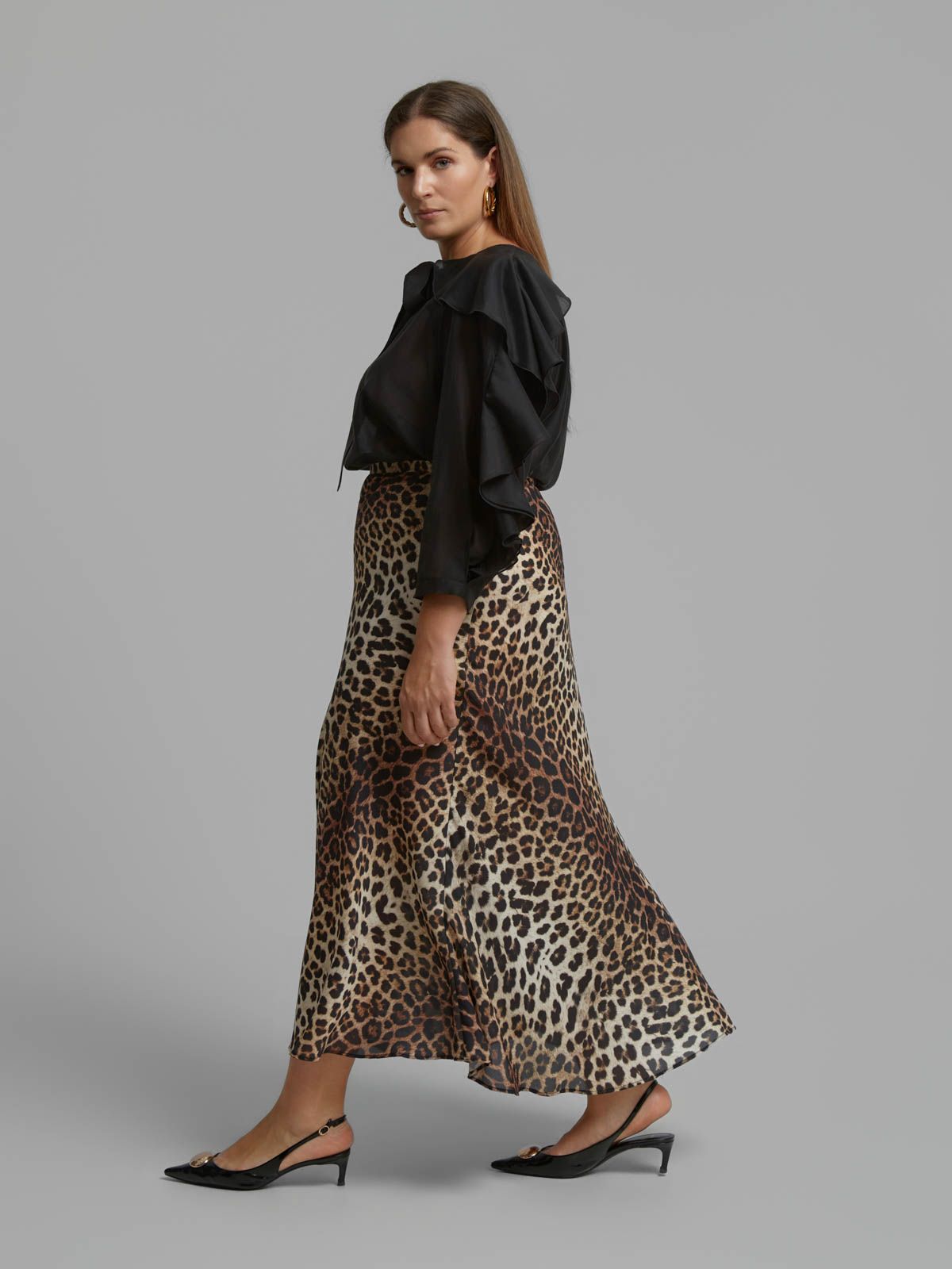 Animal print satin midi skirt