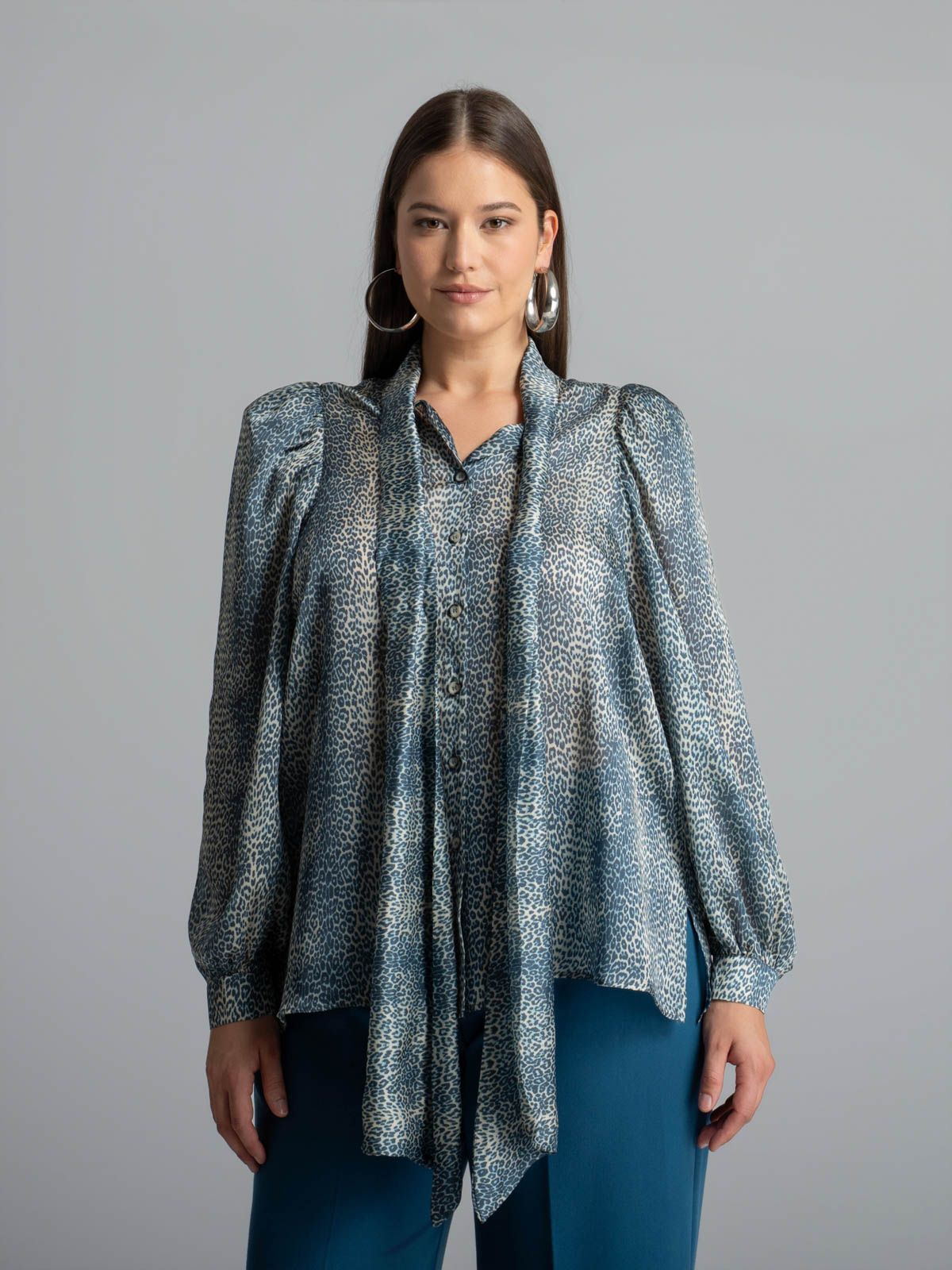 Animal print shirt with bow neckline